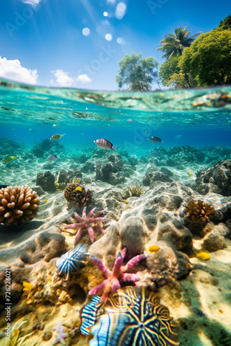 Underwater and overwater views sea life, beach and sky on a sunny day © pijav4uk
