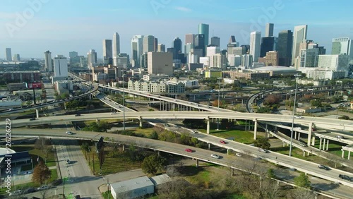Houston Downtown Drone Establishing Shoot. Aerial Panoramic Cityscape Above Interstate Highway Houston Downtown, Freeway I69 and I45, Texas photo