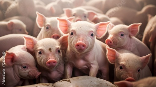 Close-up portrait of many pink newborn piglets in a pig farm. Meat production, animal husbandry and agriculture concepts.