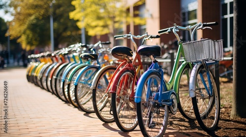 Colorful bicycles at a bike rack in an outdoor park, cycling lifestyle concept