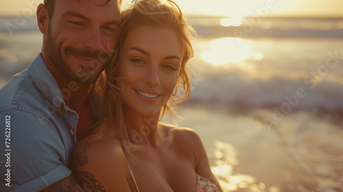 couple on the beach, A beautiful woman hugging her husband by the sea at sunset, couple with golden sun, smiling people