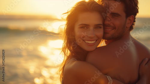 couple at sunset on the beach, A beautiful woman hugging her husband by the sea at sunset, couple with golden sun, smiling people