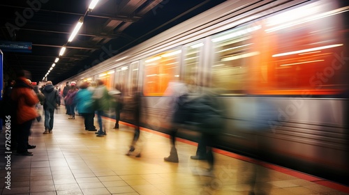 Commuters exiting the metro station in a busy urban area. Motion blur effect. © Ameer