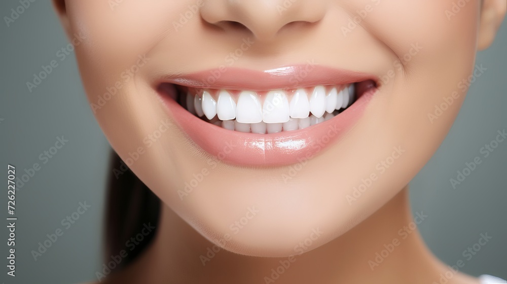 Obraz premium Young woman with perfect white teeth smiling happily at the dentist. Oral hygiene and dental care concept. Stomatology and dentistry background.