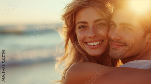portrait of a couple on the beach, A beautiful woman hugging her husband by the sea at sunset, couple with golden sun, smiling people