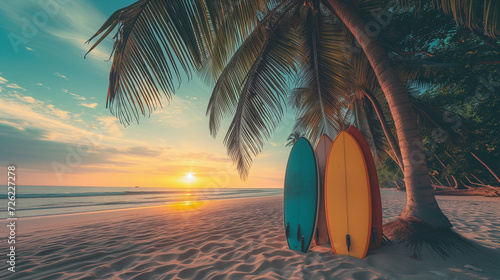 sunset on the beach, surfboards under a palm tree at the beach in Thailand