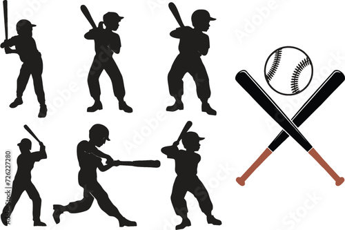 Set of kids Baseball players. Softball silhouette collection icon. Baseball game tournament poster, banner or flyer idea. Editable vector, easy to change color or manipulate. eps 10.