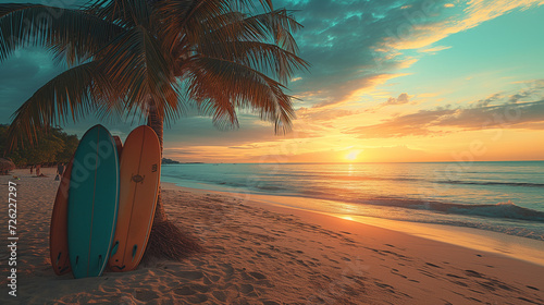 surfboards under a palm tree at the beach in Thailand, sunset on the beach with palms