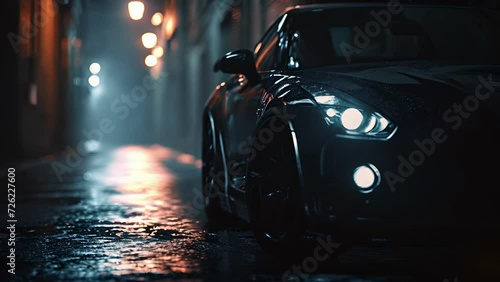 A closeup of a cars headlights their intense beams creating a dramatic contrast of light and shadow against a darkened alleyway.