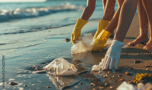 volunteers' hands cleaning up rubbish on the beach