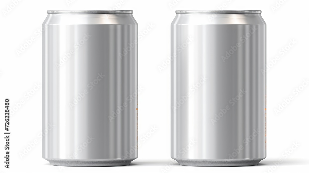 Two blank aluminum cans on white background, ideal for product design and branding mockups