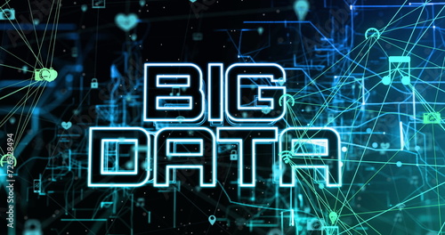Image of big data text over data processing on black background
