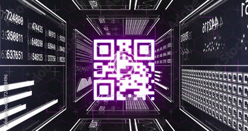 Image of data processing and qr code over black background
