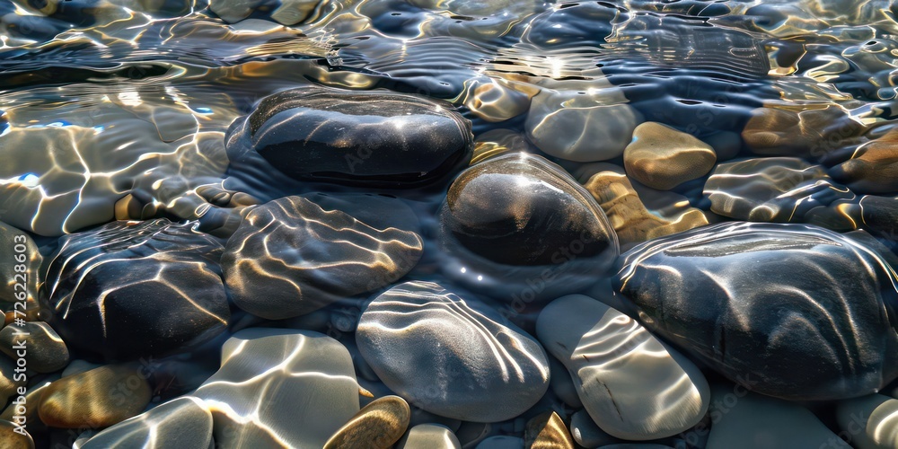 Fototapeta premium Black stones, kissed by the sun's rays, casting delicate shadows on the clear, rippling water.