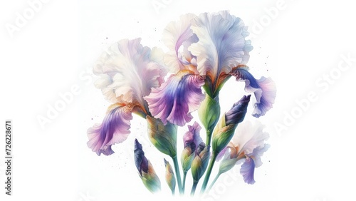 Elegant bouquet of irises painted in watercolor. Spring Festival.

