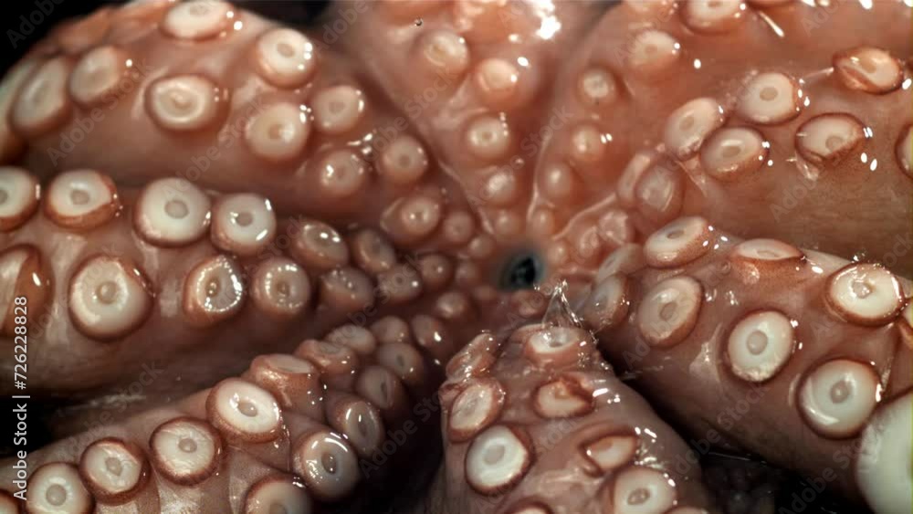 Drops of water fall on a fresh octopus. Filmed on a high-speed camera at 1000 fps. High quality FullHD footage Drops of water fall on a fresh octopus. Filmed on a high-speed camera at 1000 fps. High quality FullHD footage