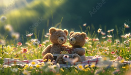 Teddy bear sweethearts picnicking on a blanket amidst a field of wildflowers, their adorable bond captured in vibrant 8K clarity,
