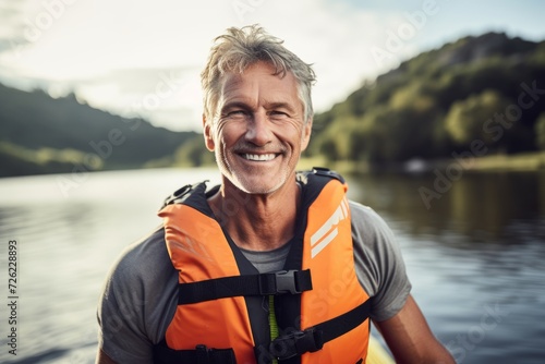 Handsome senior man in life jacket is standing on the bank of a mountain lake and smiling. © Nerea