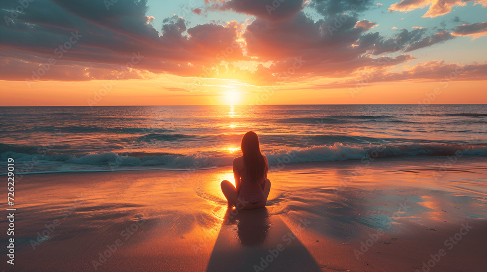 A lone woman enjoys a calm and relaxing ocean sunset on the beach. Great for a wanderlust summer vacation , generative ai - obrazy, fototapety, plakaty 