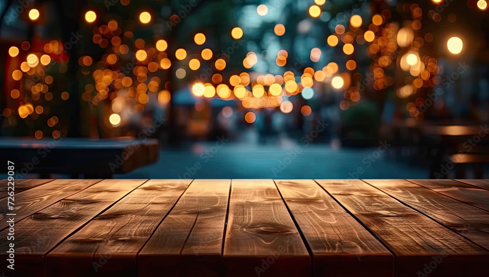 Rustic wooden table with festive bokeh lights in blurred background creating abstract and vintage atmosphere for night party or holiday celebration in modern bar cafe or restaurant showcasing urban Rustic wooden table with festive bokeh lights in blurred background creating abstract and vintage atmosphere for night party or holiday celebration in modern bar cafe or restaurant showcasing urban