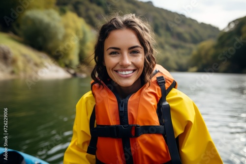 Portrait of smiling young woman in yellow life jacket standing on kayak and looking at camera © Nerea