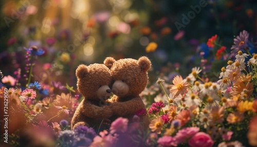 Teddy bear sweethearts sharing a tender moment in a garden filled with blooming flowers, the vibrant colors enhancing their 8K love story,