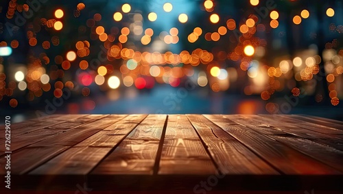 Rustic wooden table with festive bokeh lights in blurred background creating abstract and vintage atmosphere for night party or holiday celebration in modern bar cafe or restaurant showcasing urban