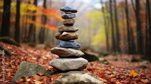 Zen-like stone tower in a colorful autumn forest. A stack of natural stones balanced on each other under the falling leaves.