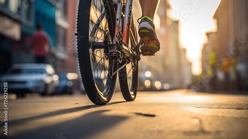 Closeup of young cyclist’s legs pedaling fast on a mountain bike trail © Ameer