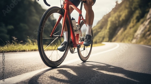 Closeup of young cyclist’s legs pedaling fast on a mountain bike trail