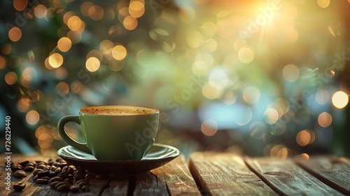 Cup of coffee on wooden table against bokeh background. Mockup for hot beverage. Copy space for text.