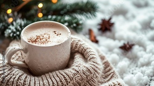 Cup of hot cocoa or hot chocolate on knitted background with fir tree and snow effect, traditional beverage for winter time. copy space for text.
