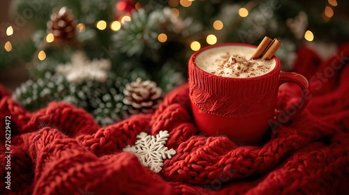 Cup of hot cocoa or hot chocolate on knitted background with fir tree and snow effect, traditional beverage for winter time. copy space for text.