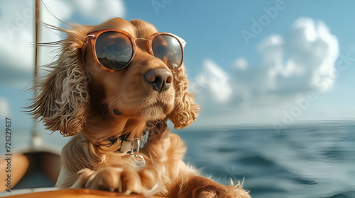 Adventurous red Cocker Spaniel dog sporting stylish glasses sails on a boat across the endless sea. generated ai