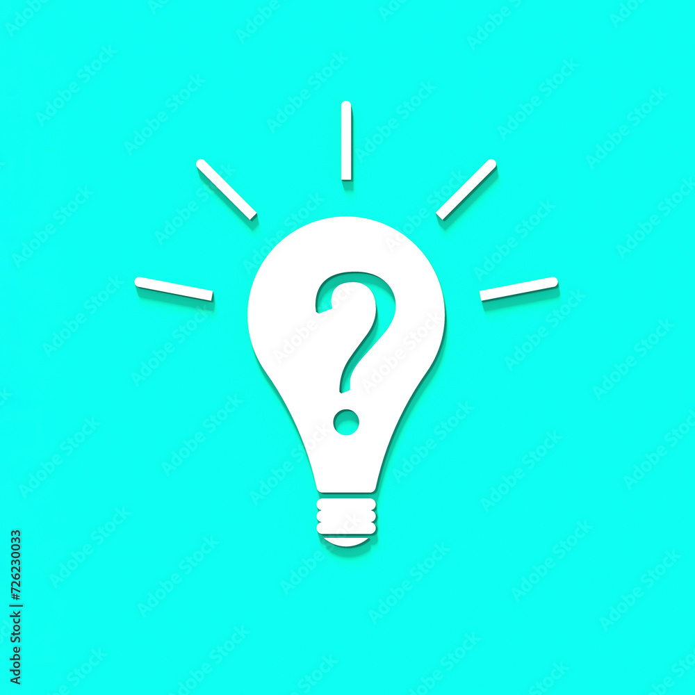 White light bulb with shadow on blue background. Illustration of symbol of lack of idea. Question mark. 3D image. 3D rendering. Square image. White light bulb with shadow on blue background. Illustration of symbol of lack of idea. Question mark. 3D image. 3D rendering. Square image.