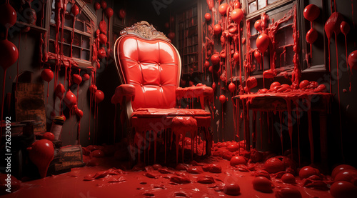 An armchair with a wood relief in a dark, distorted room covered with thick, caseous layers of blood-like matter on the walls and the floor.