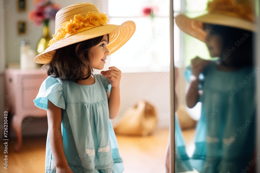young girl trying on a sun hat, looking at her reflection