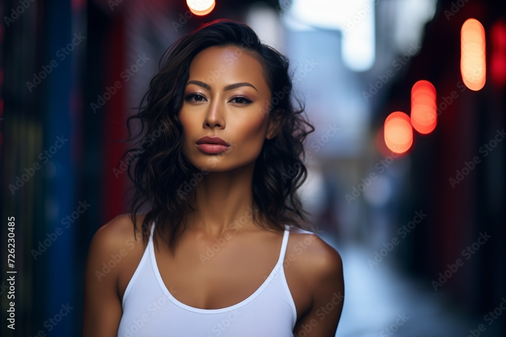woman with glossy lips posing by a neon sign in a dark alley woman with glossy lips posing by a neon sign in a dark alley