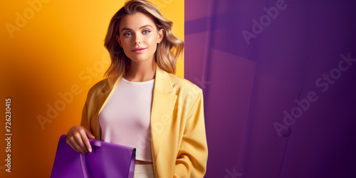 Portrait of young woman with paper shopping bag on yellow and violet background. Space for text