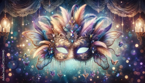 an ornate carnival mask adorned with feathers and lace © Riz