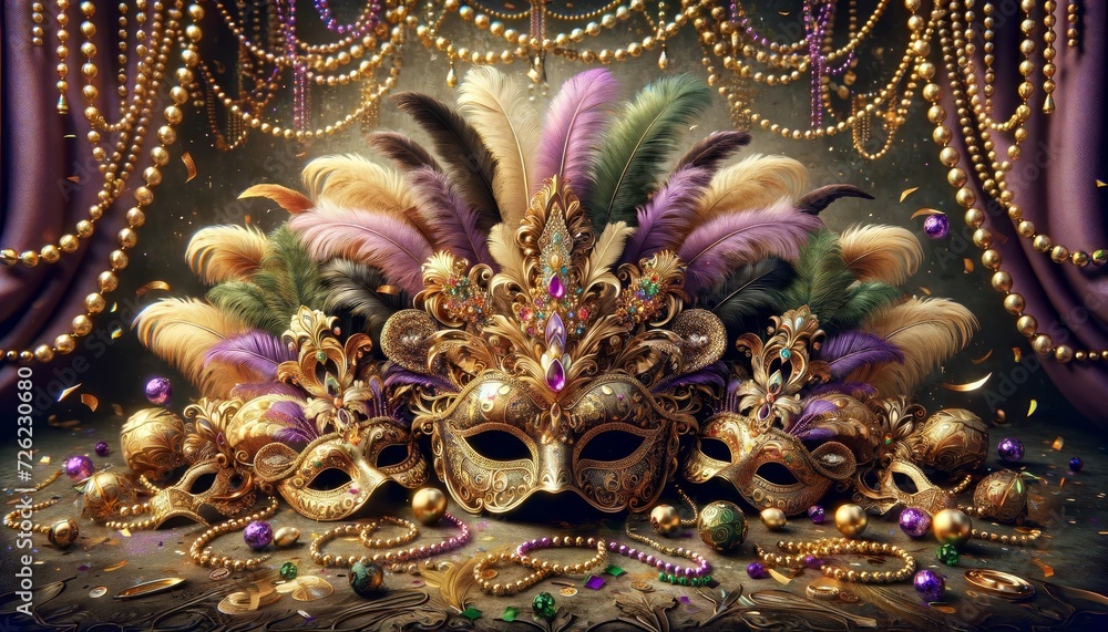 an ornate carnival mask adorned with feathers and lace