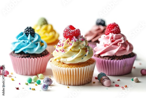 Delicious birthday cupcakes on white background.