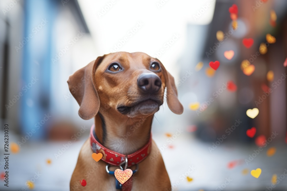 dog with heart confetti on its nose sitting outside