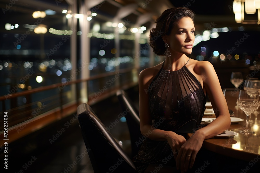 fashion interior photo of gorgeous woman with dark hair in luxurious evening dress posing in restaurant fashion interior photo of gorgeous woman with dark hair in luxurious evening dress posing in restaurant
