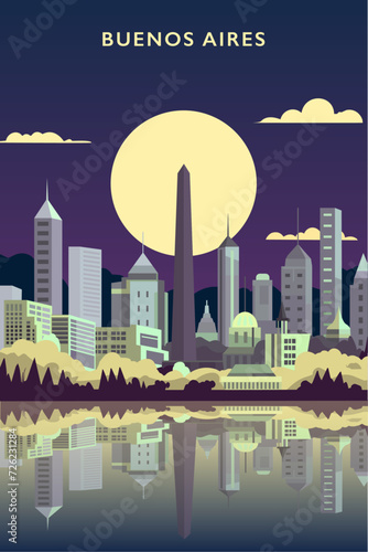 Buenos Aires Argentina retro city poster with abstract shapes of skyline, buildings at night. Vintage travel vector illustration for Latin America