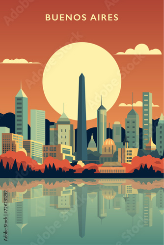 Buenos Aires Argentina retro city poster with abstract shapes of skyline, buildings at sunset or sunrise. Vintage travel vector illustration for Latin America