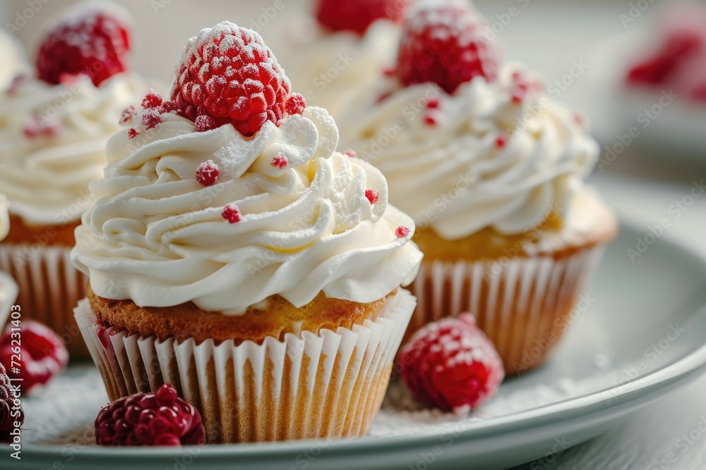 Delicious cupcakes with whipped frosting and raspberries Delicious cupcakes with whipped frosting and raspberries