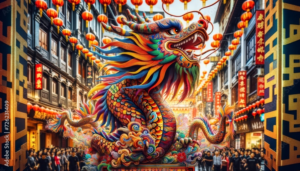 a vibrant colorful dragon as seen in traditional Chinese parades