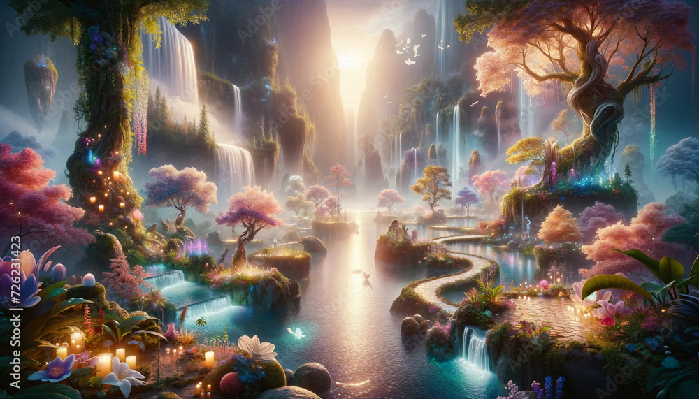 Enchanted Waterfall Garden at Twilight