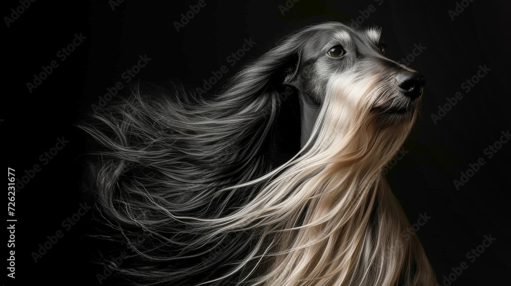 A dog with long hair blowing in the wind in style of fashion editorial. Dog coat on dark background. Grooming A dog with long hair blowing in the wind in style of fashion editorial. Dog coat on dark background. Grooming